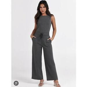 Anrabess Air Essentials Gray Sleeveless Wide-Leg Jumpsuit Drawstring Waist XXL